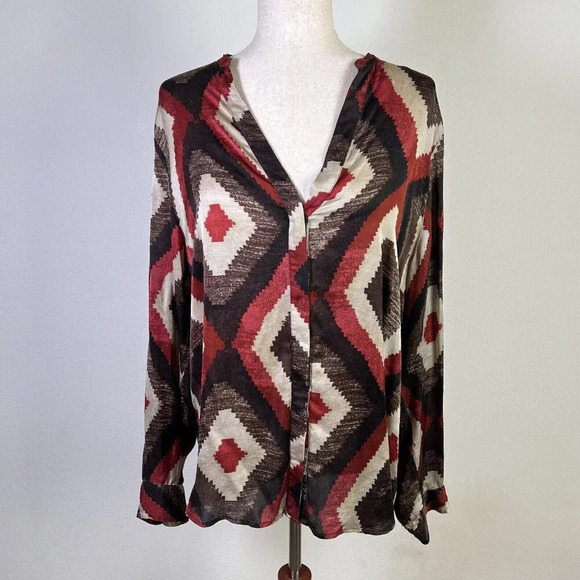 Lauren Ralph Lauren Aztec Silk Top Size XL South Western Brown Red Light Weight - Picture 1 of 10